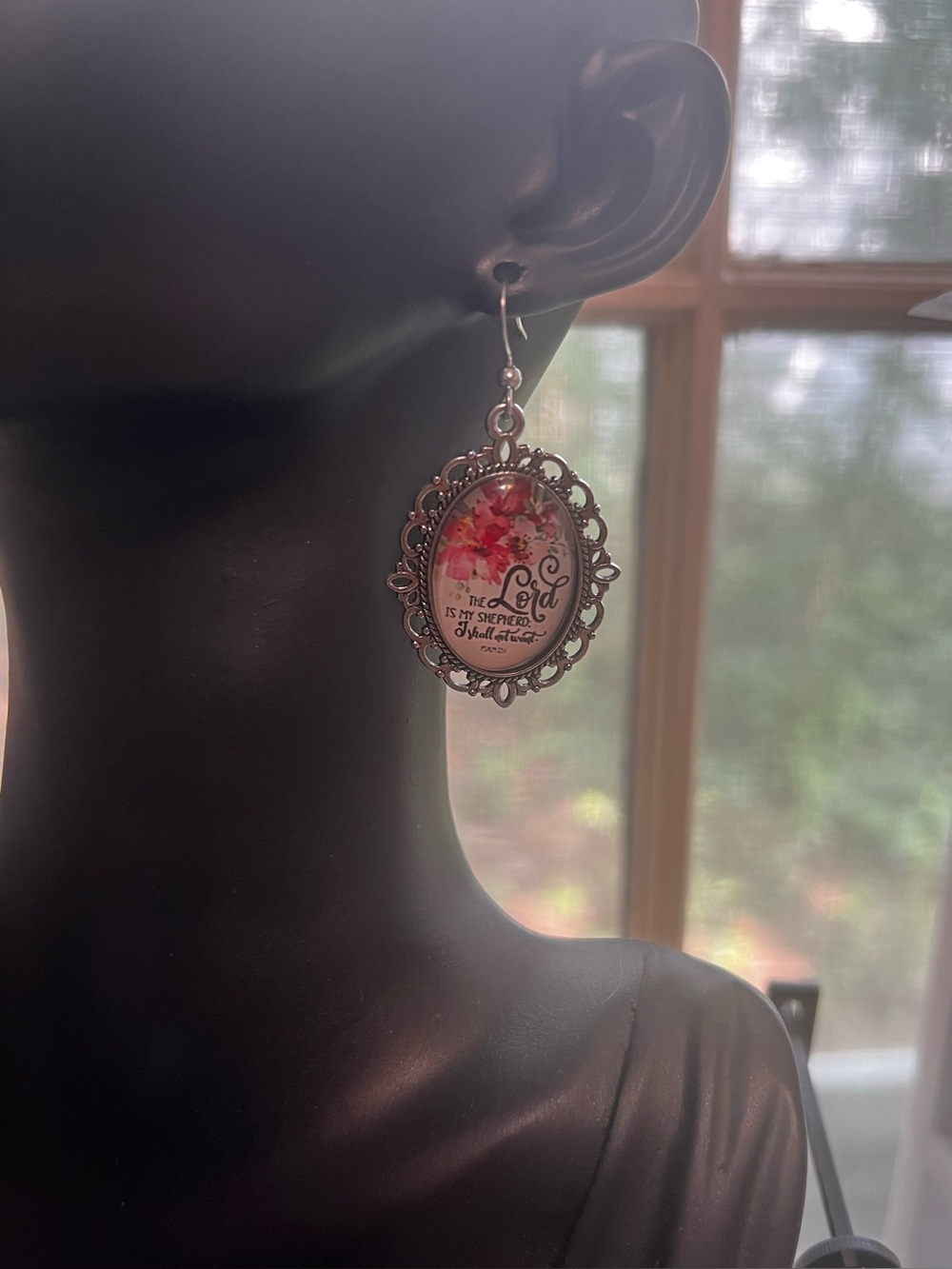 The Lord is My Shepherd Floral Scripture Oval Drop Earrings in Pink and Silver - Picture 3 of 3